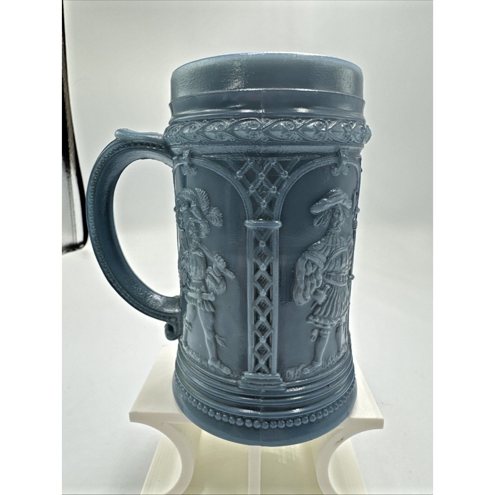 Vintage Greentown Westmoreland Denim Warriors Blue Slag Milk Glass Stein Mug